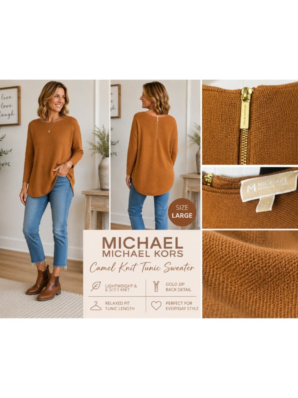 Michael Kors Brown Camel Knit Long Tunic Sweater Gold Zip Back Large